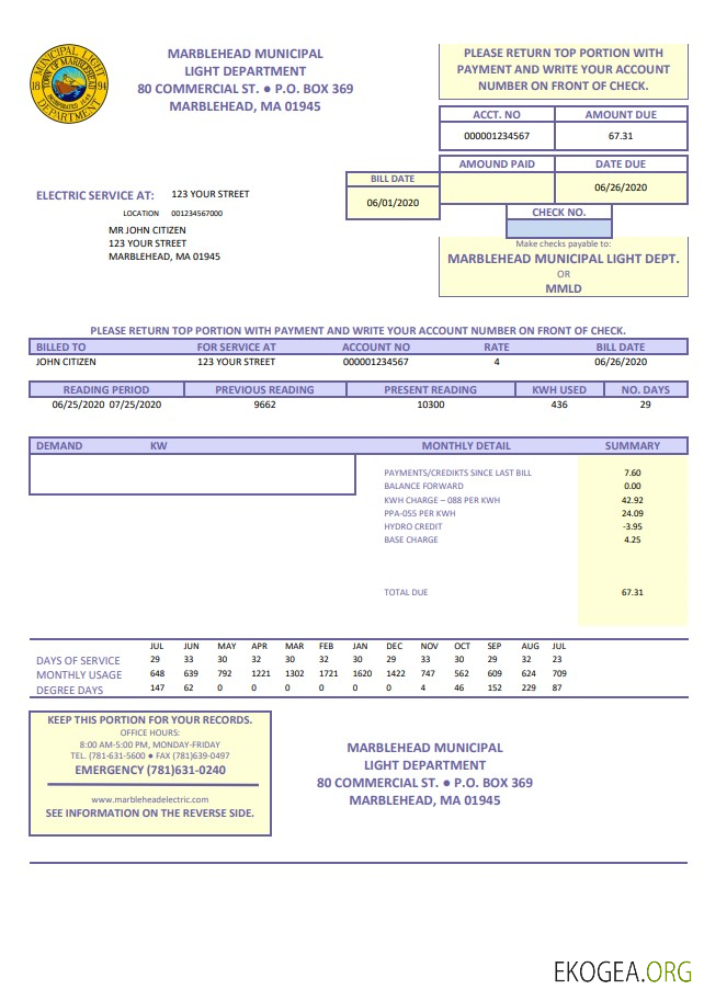 USA Marblehead Municipal Light Department utility bill template in Word and PDF format